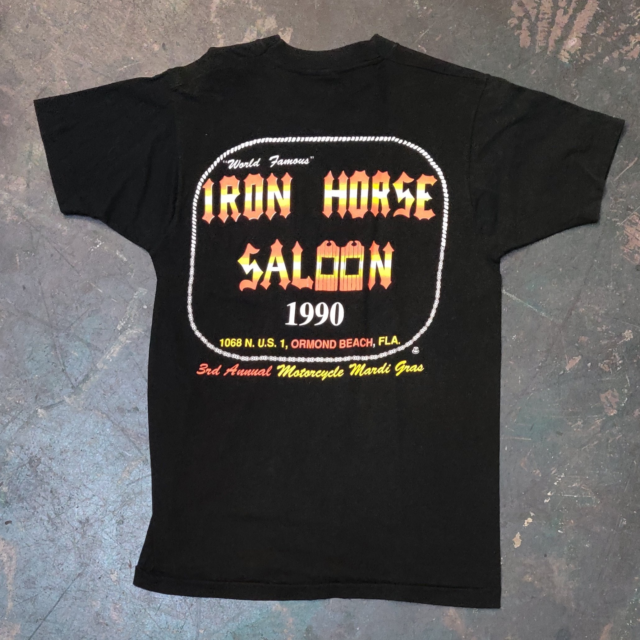 Vintage 1990 Iron Horse Saloon Mortorcycle Mardi Gras Tee Shirt