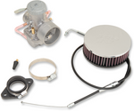 Load image into Gallery viewer, A completed Mikuni 38mm carburetor kit displayed, including the carburetor, air cleaner, hose clamps, and throttle cable, with various components visible.
